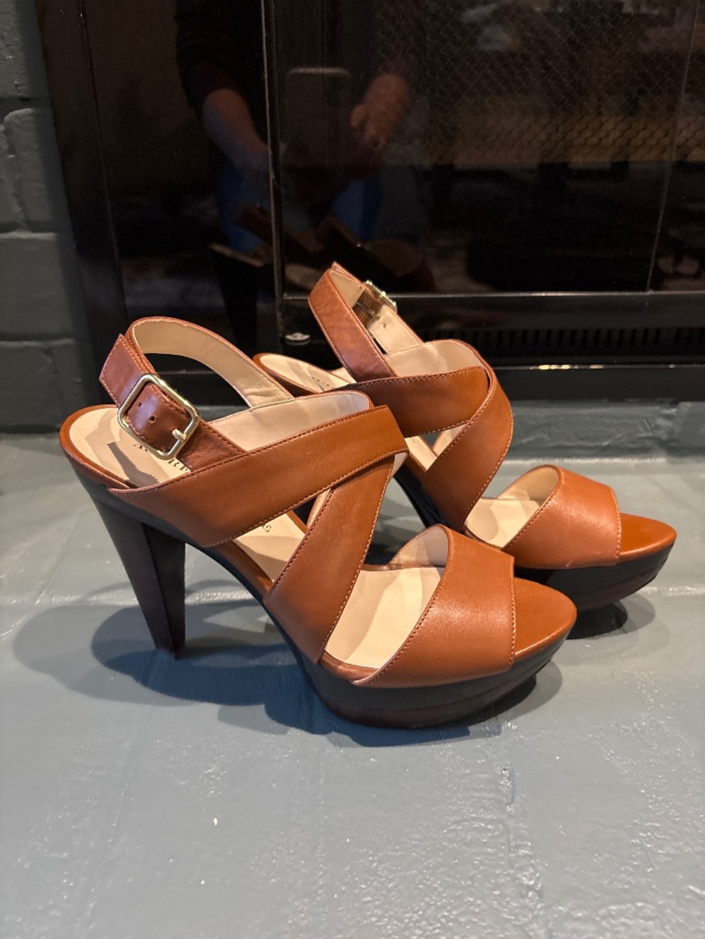Audrey Brooke brown platform heel with cross straps